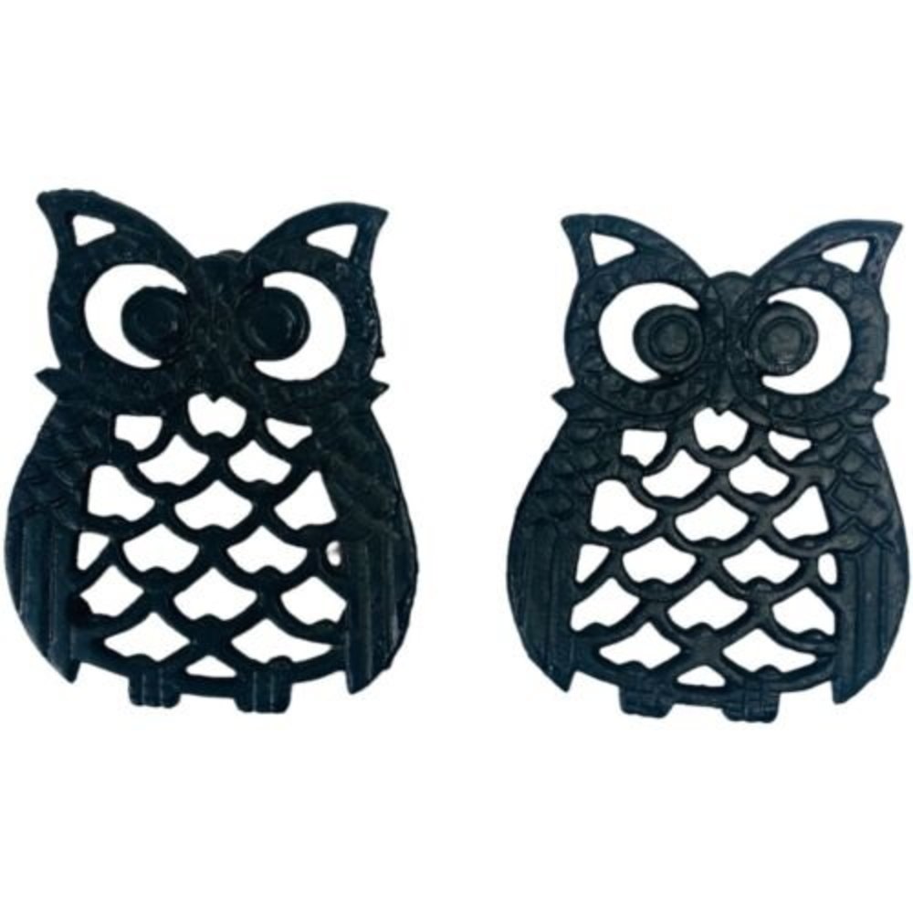 2 Vtg OWL 4”Trivet Cast Iron Metal Kitchen Coaster Pot Holder MCM Halloween fall